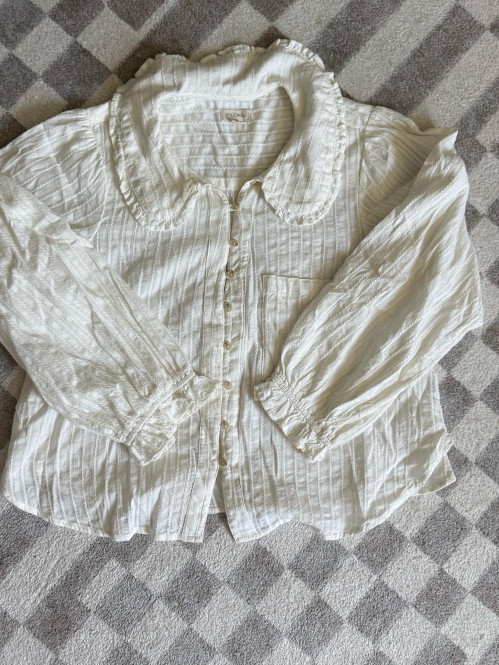 Pilcro Cream Ruffle-Collar Button Front Blouse